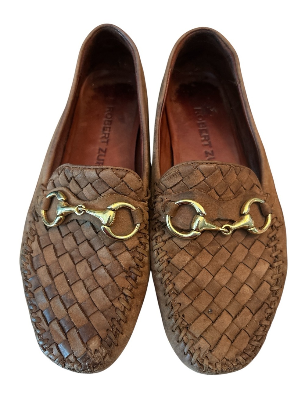 Robert Zur Perlata Brown Caramel Woven Leather Horsebit Driving Loafer - Size 7
